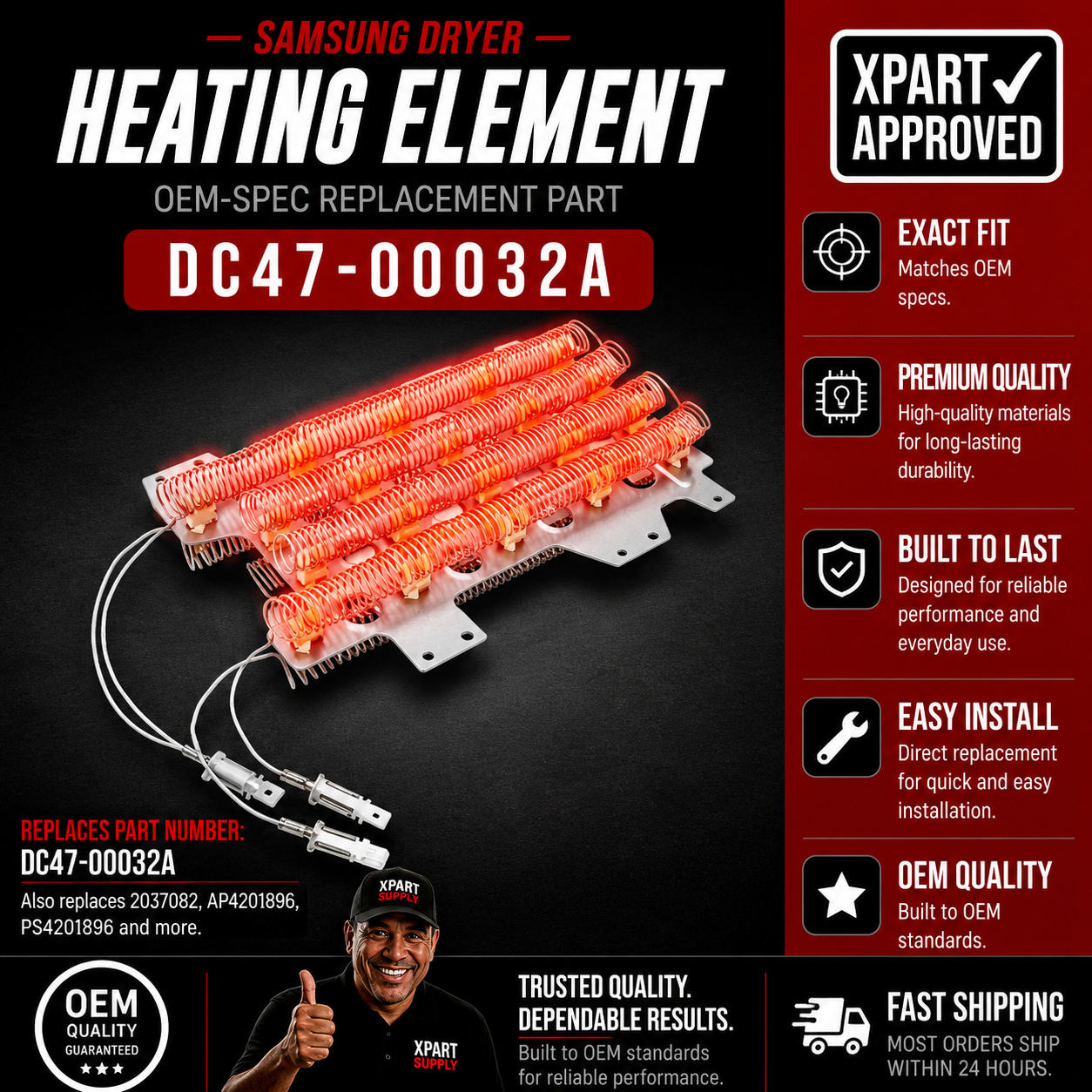 Samsung Dryer Heating Element DC47-00032A, Replaces DC93-00154A, DC97-14486E, XP93-00154A