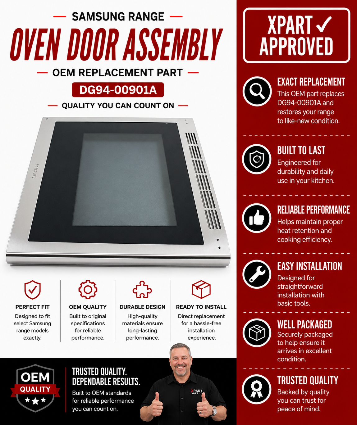 Samsung Oven Door Assembly DG94-00901A — Restores Full Door Seal & Function