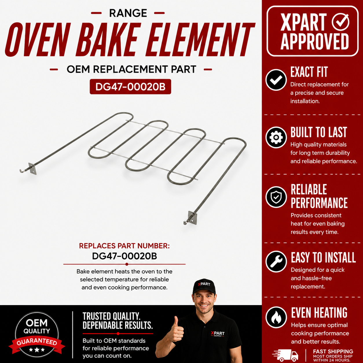 Samsung Range Oven Bake Element DG47-00020B — Fixes Oven Not Heating / Uneven Baking