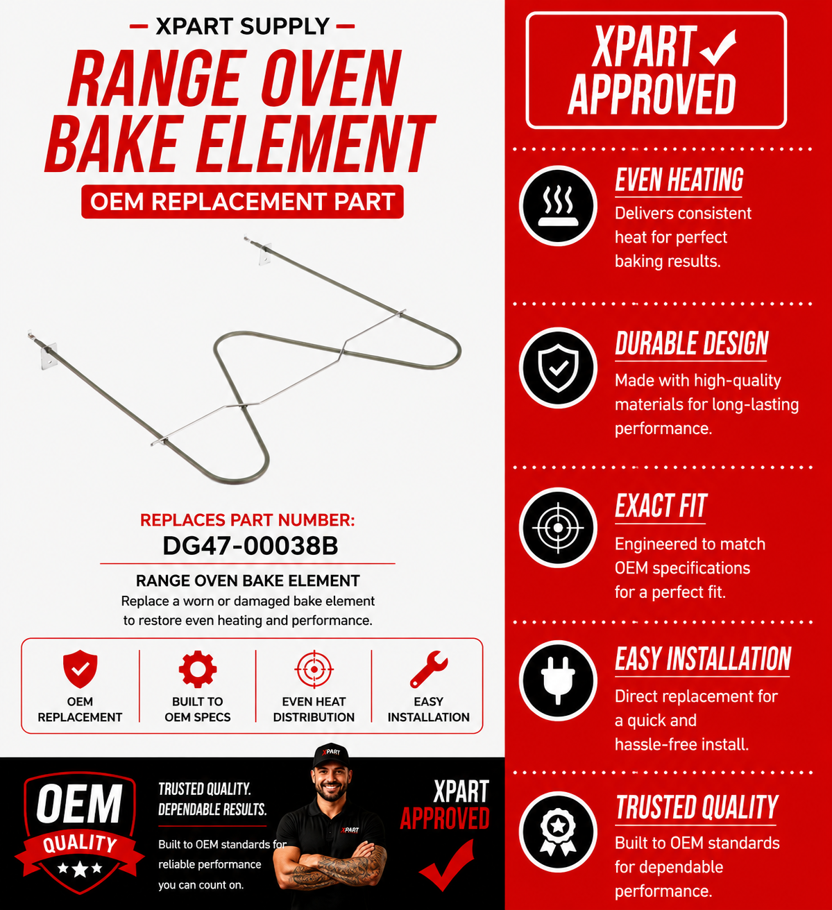 Samsung Range Oven Bake Element DG47-00038B — Fixes Oven Not Heating or Baking Unevenly
