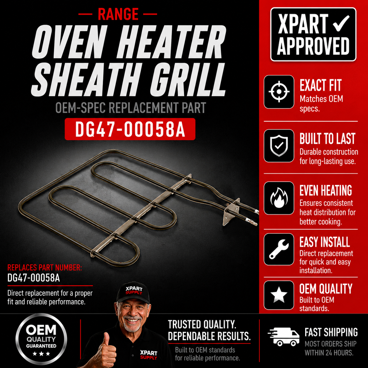 Samsung Range Oven Broil Element DG47-00058A, Fixes No Broil Heat or Uneven Browning