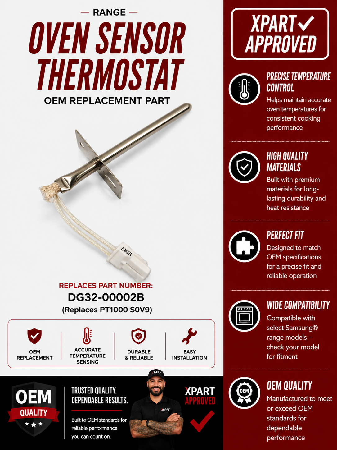 Samsung Oven Temperature Sensor DG32-00002B — Fixes Oven Not Heating or Wrong Temperature