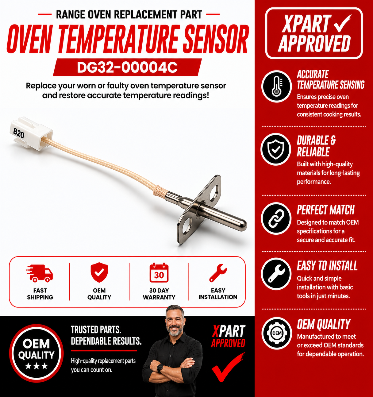 Samsung Range Oven Temperature Sensor DG32-00004C — Fix Oven Too Hot, Too Cold or Temp Error Codes