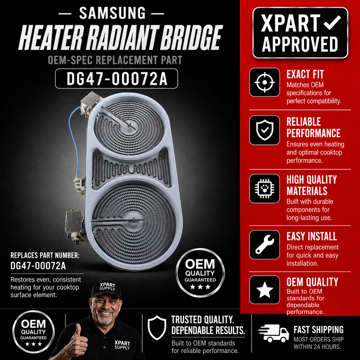 Samsung Range Radiant Bridge Heater DG47-00072A, Replaces DG47-00059A, DG47-00066A