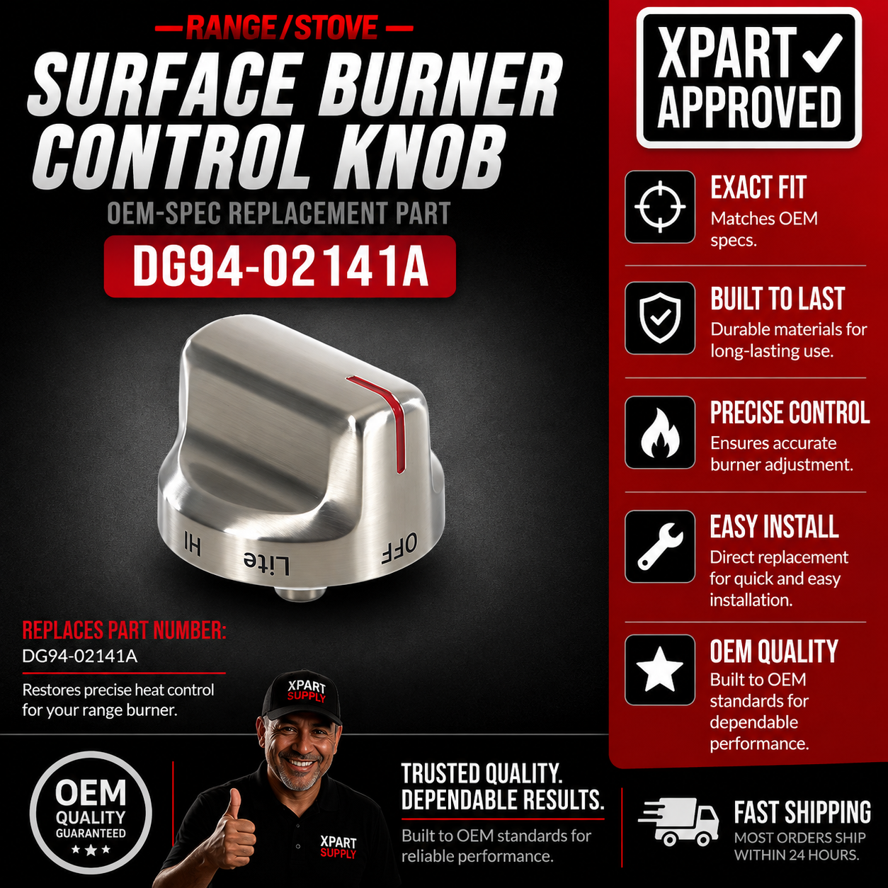 Samsung Range Surface Burner Knob DG94-02141A, Fixes a Cracked, Loose or Stripped Burner Control
