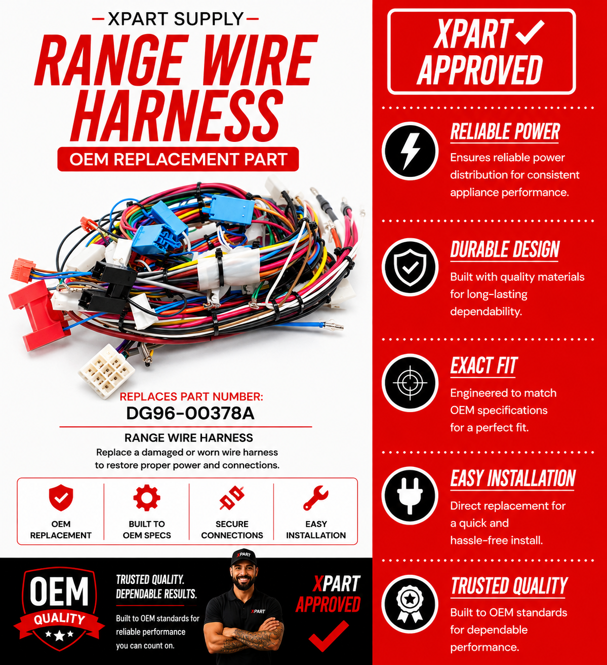 Samsung Range Wire Harness DG96-00378A — Fixes No Power / Burner or Oven Faults