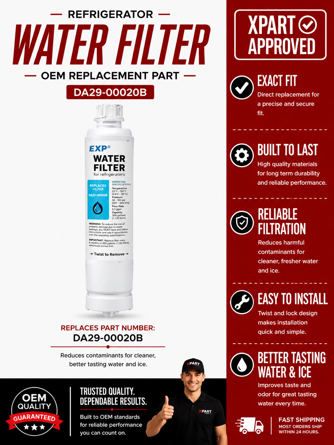 Samsung Refrigerator Water Filter DA29-00020B — Fixes Bad-Tasting Water / Slow Flow / Filter Light On