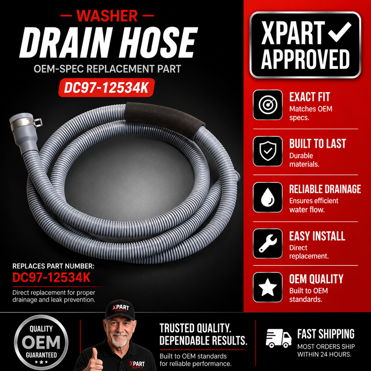 Samsung Washer Drain Hose DC97-12534K — Fixes Leaking & Drainage Failure