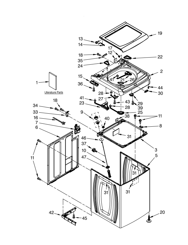 Schematic diagram of Whirlpool washer parts on a white background