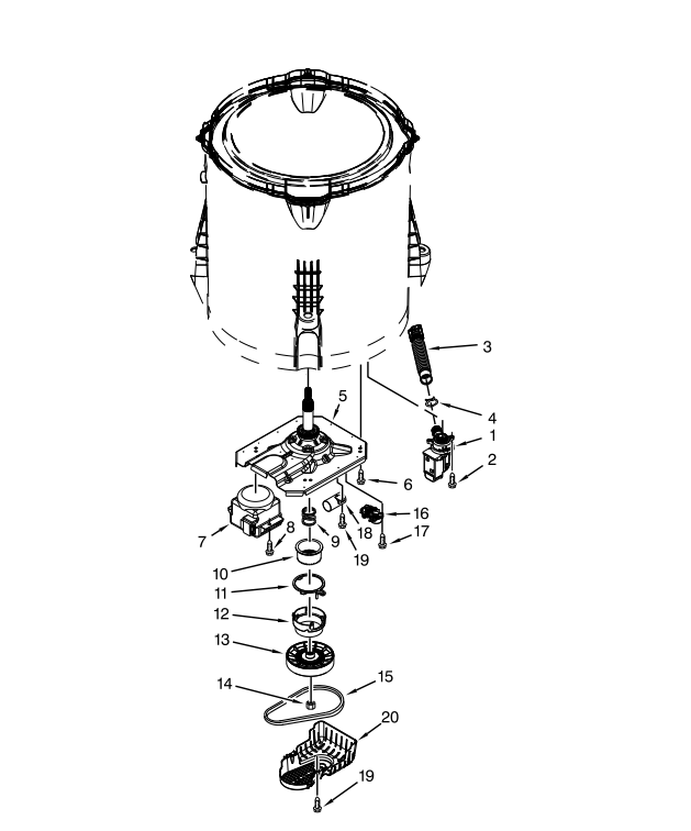 Technical diagram of gearcase, motor, and pump parts on a white background