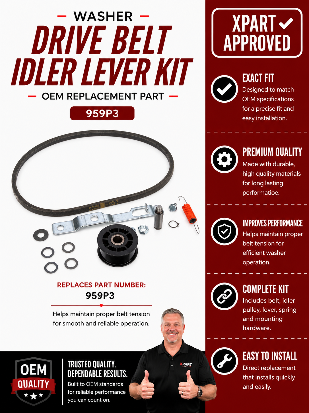 Speed Queen Washer Drive Belt & Idler Lever Kit 959P3 — Fix Drum Not Spinning