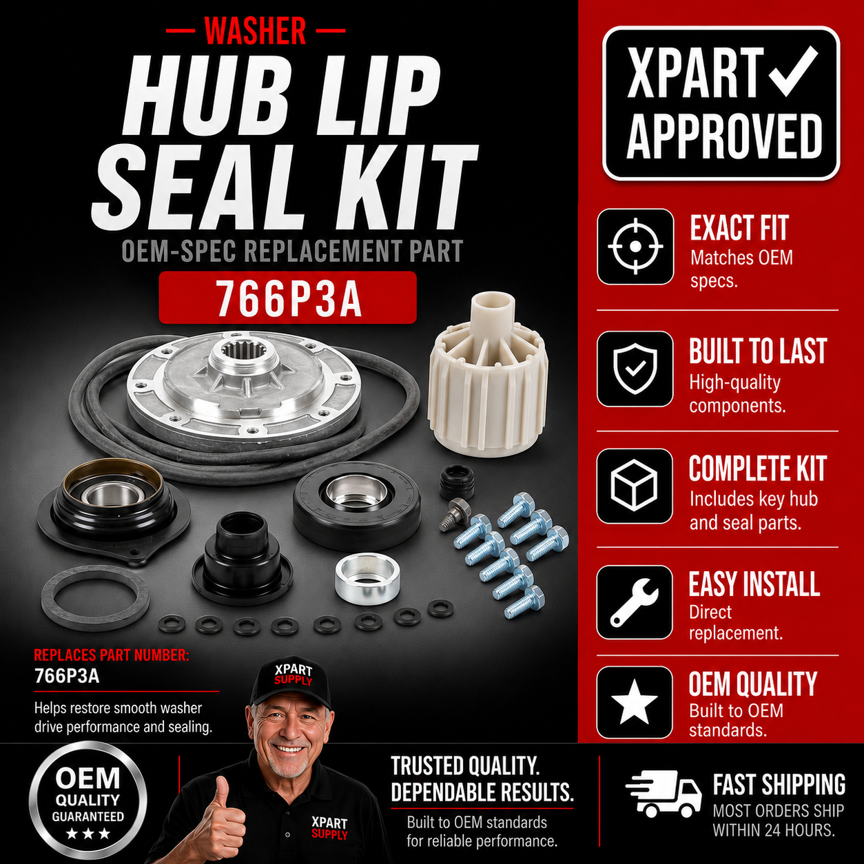 Speed Queen Washer Hub and Lip Seal Kit 766P3A, Replaces 200512, 766P3