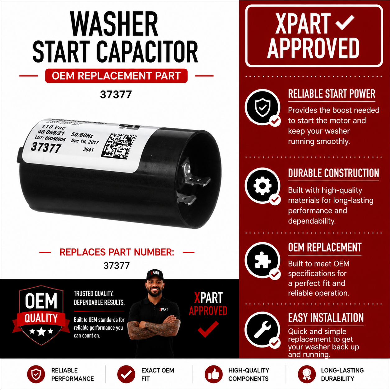 Speed Queen Washer Start Capacitor 37377 — Fix Motor That Won't Start