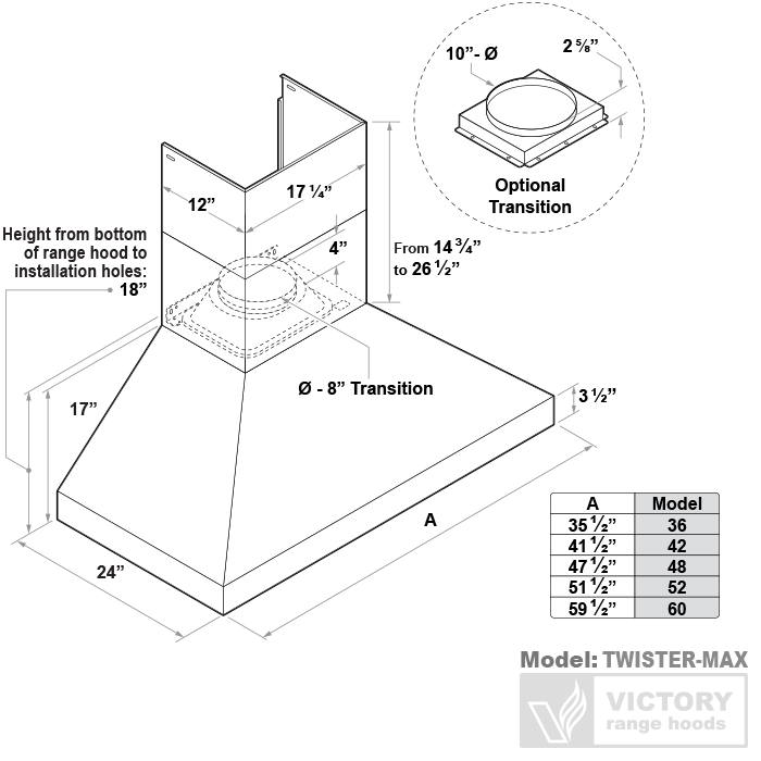 42 Inch 1200 CFM Wall Mount Range Hood - VICTORY TwisterMAX