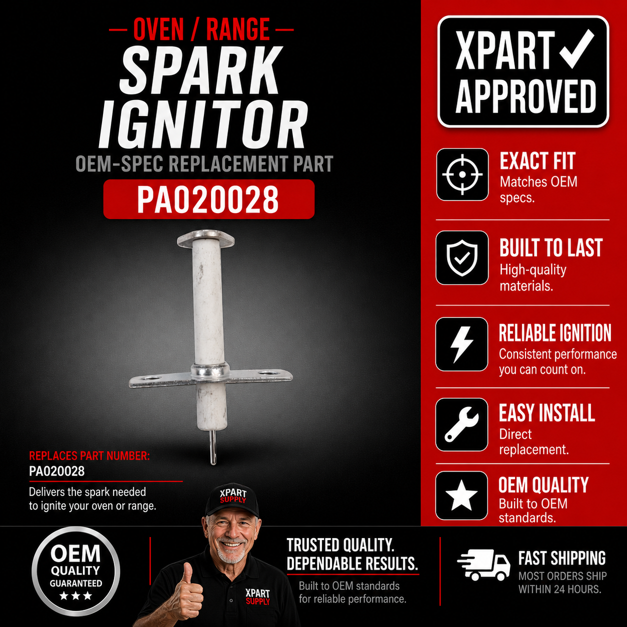 Viking Oven Spark Ignitor PA020028, Replaces G5007447, PA020014