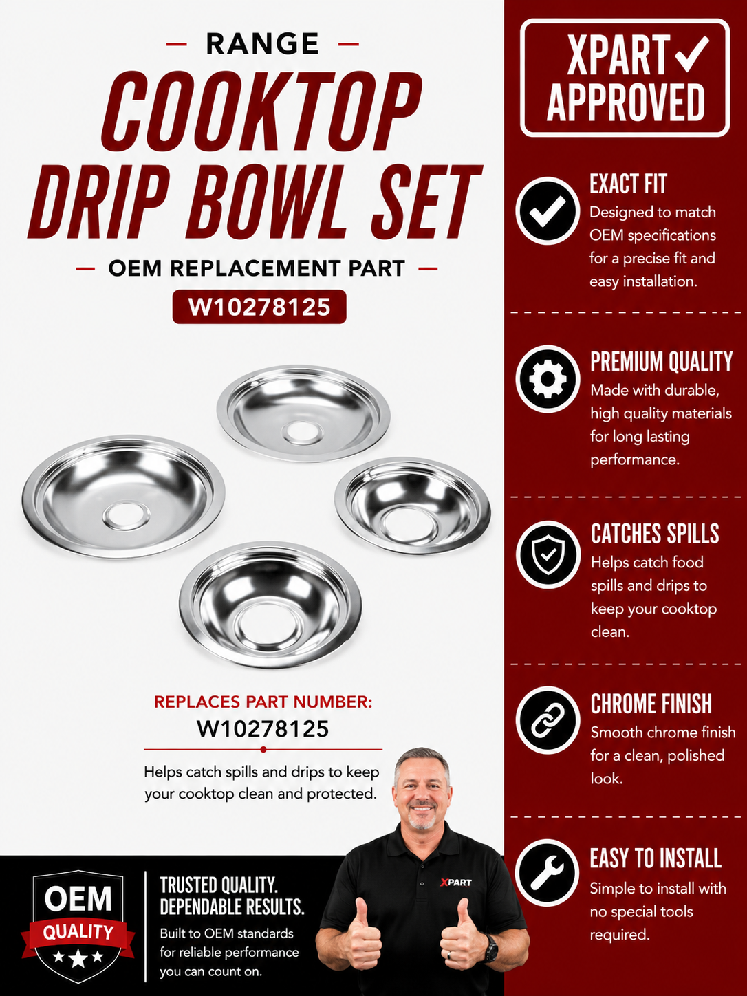 W10278125 Whirlpool Range Drip Bowl Set Chrome 4-Piece (3195208 + 3195209)