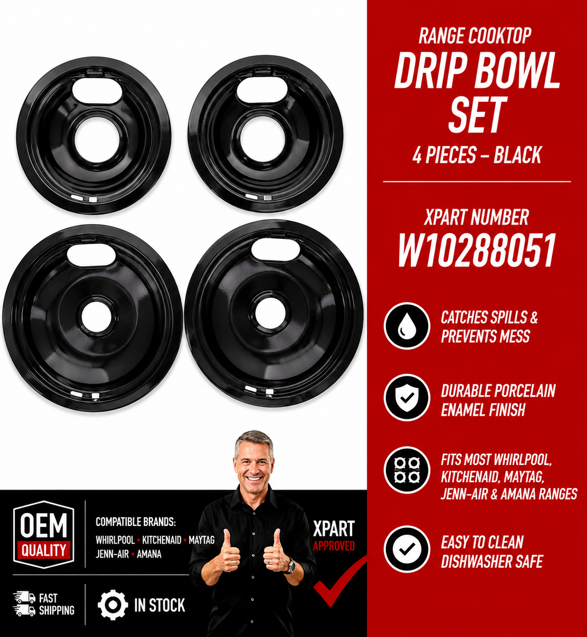 W10288051 Whirlpool Range Drip Bowl Set Black 4-Piece – Replaces 4396070, 4396072