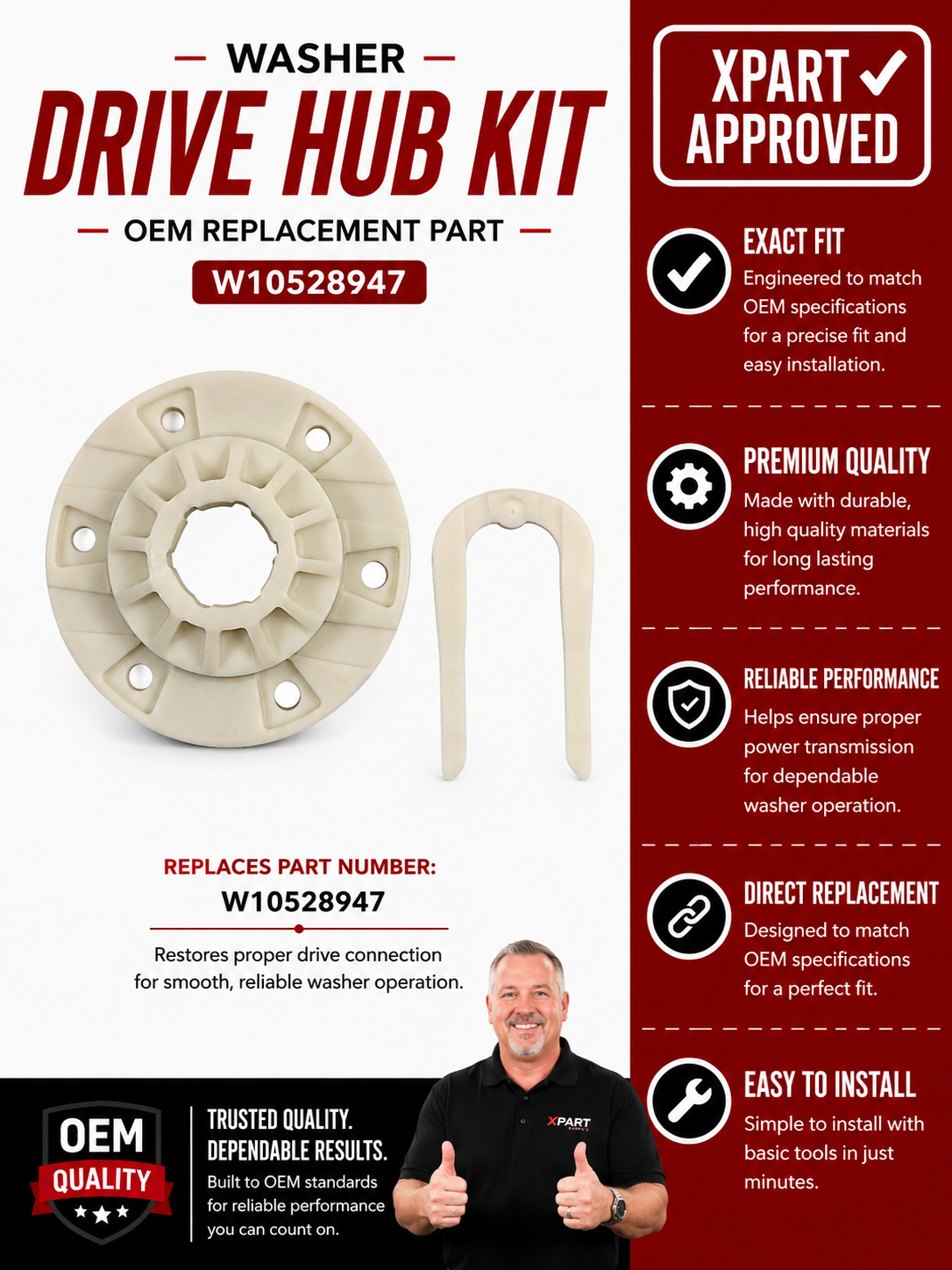 W10528947 Washer Drive Hub Kit – Whirlpool, Maytag, Amana | OEM & XPart (Replaces W10396887)