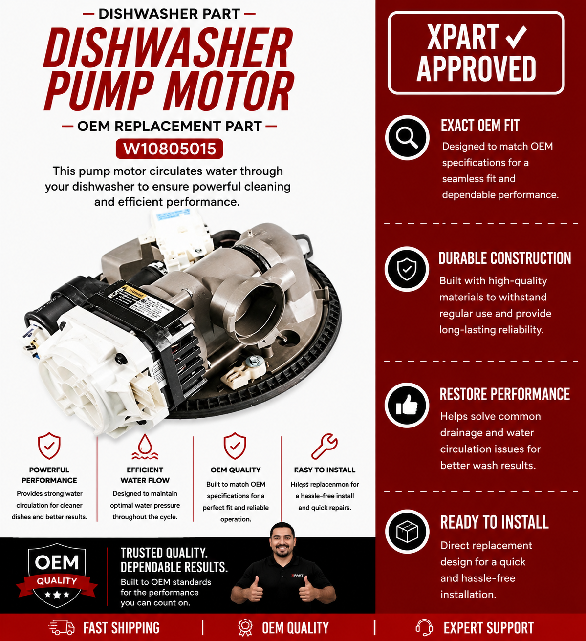 Whirlpool Dishwasher Pump & Motor W10805015 — Fixes No Water Circulation and Poor Wash Performance
