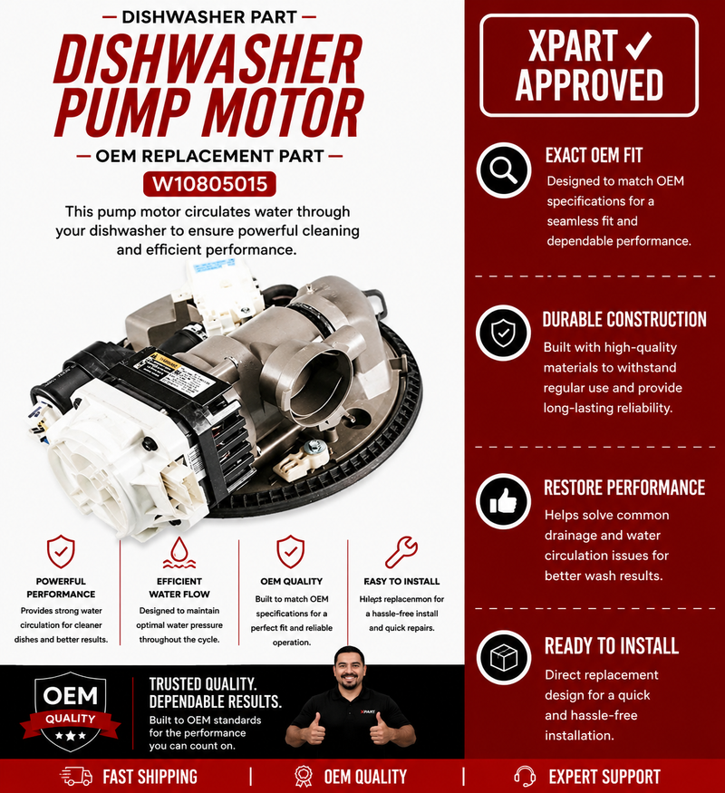Whirlpool Dishwasher Pump & Motor W10805015 — Fixes No Water Circulation and Poor Wash Performance