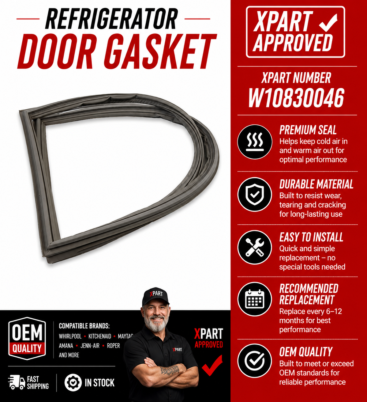 W10830046 Refrigerator Door Gasket (Fresh Food Door Gasket, Door Seal, Door Boot)