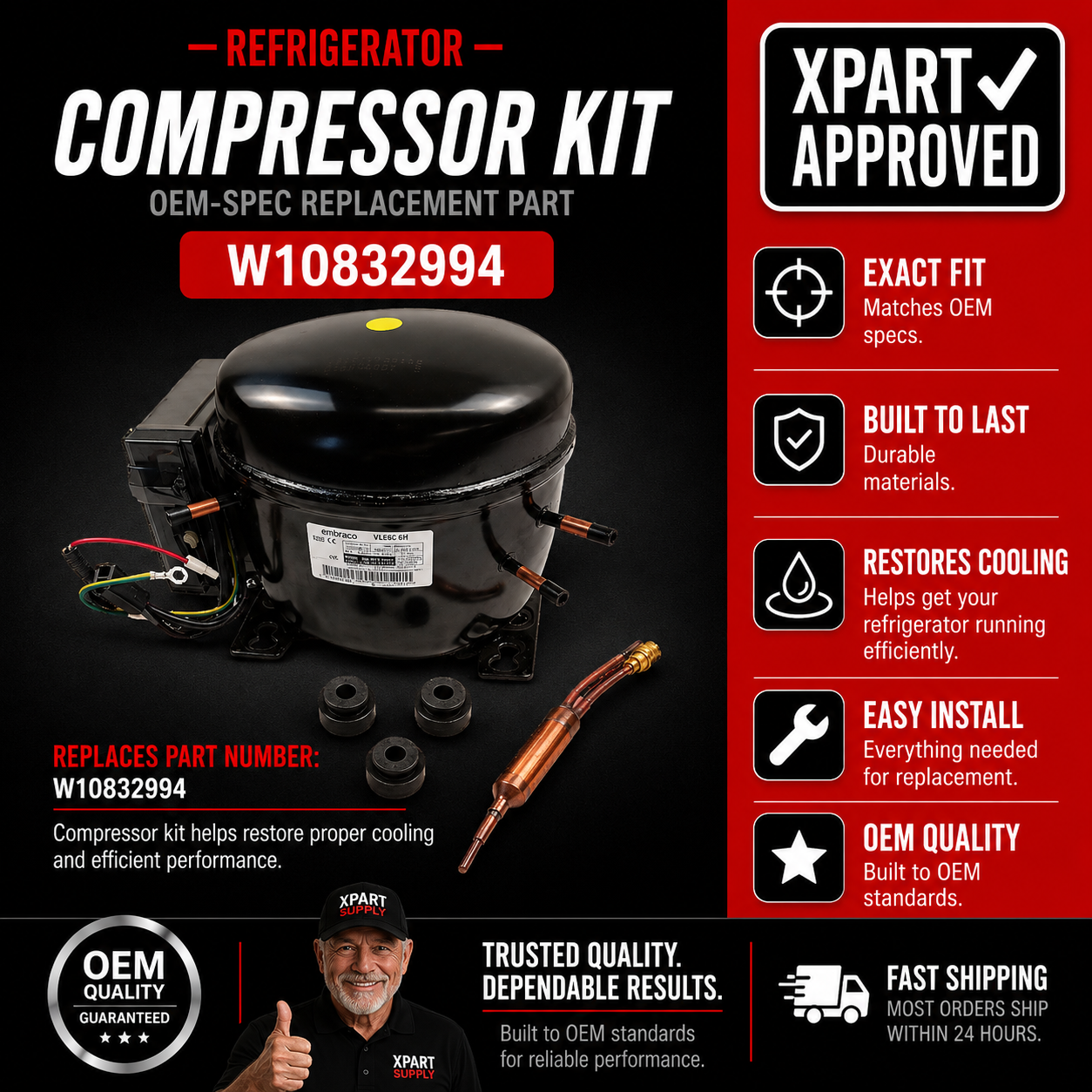Whirlpool Compressor Kit W10832994 — Fix Warm Refrigerator Fast