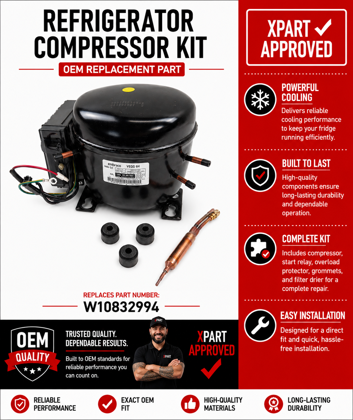 W10832994 Refrigerator Compressor Kit – Replaces VEGC6H, W10756020, W10898644 | Fits Whirlpool, KitchenAid, Maytag, Jenn-Air
