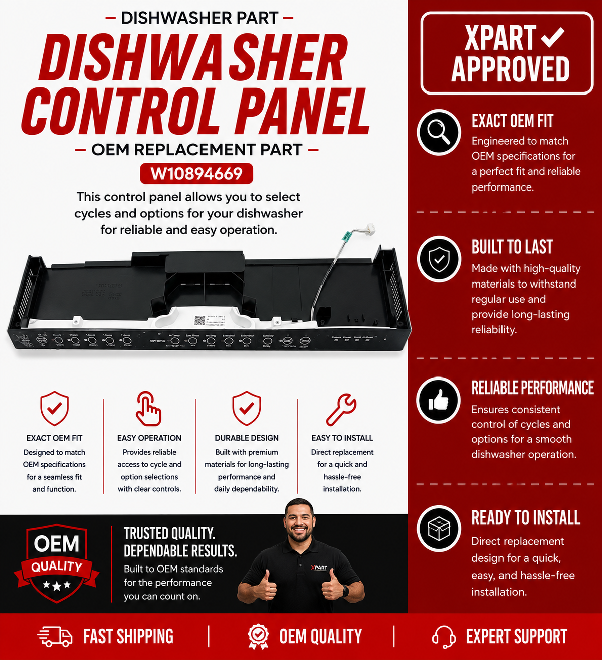 Jenn-Air Dishwasher Control Panel W10894669 — Fixes Unresponsive Controls and Display Failures