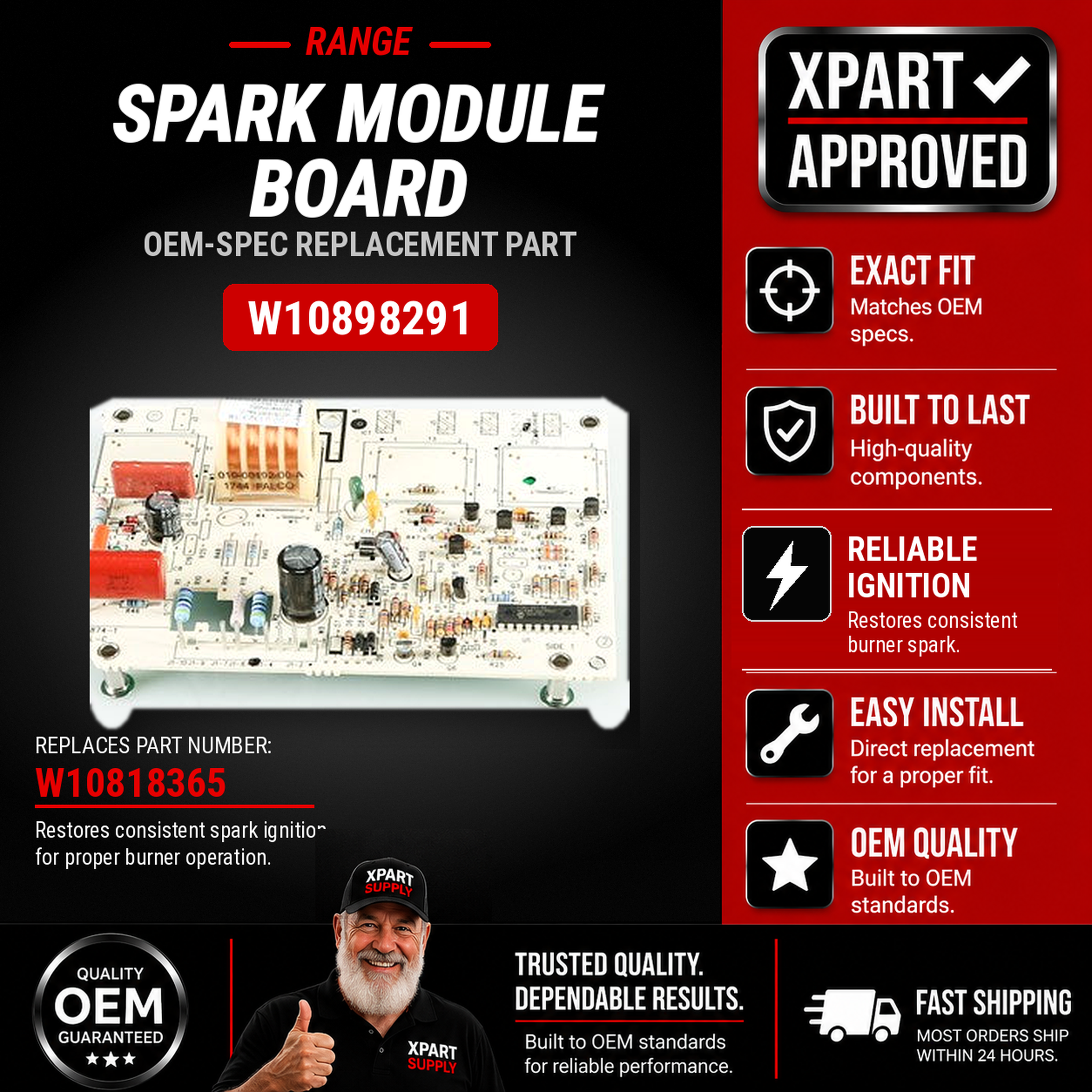 Whirlpool Range Spark Module W10898291 — Fixes Burners Not Igniting / Restores Spark Ignition