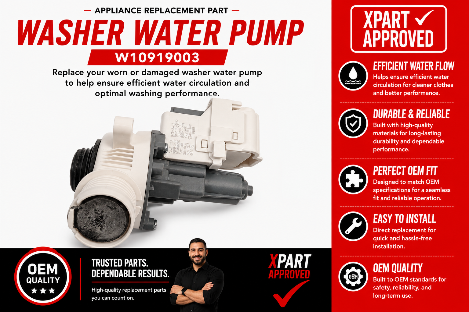 W10919003 Whirlpool Washer Water Pump – OEM & Premium XPart Options Available (Replaces W10775446)