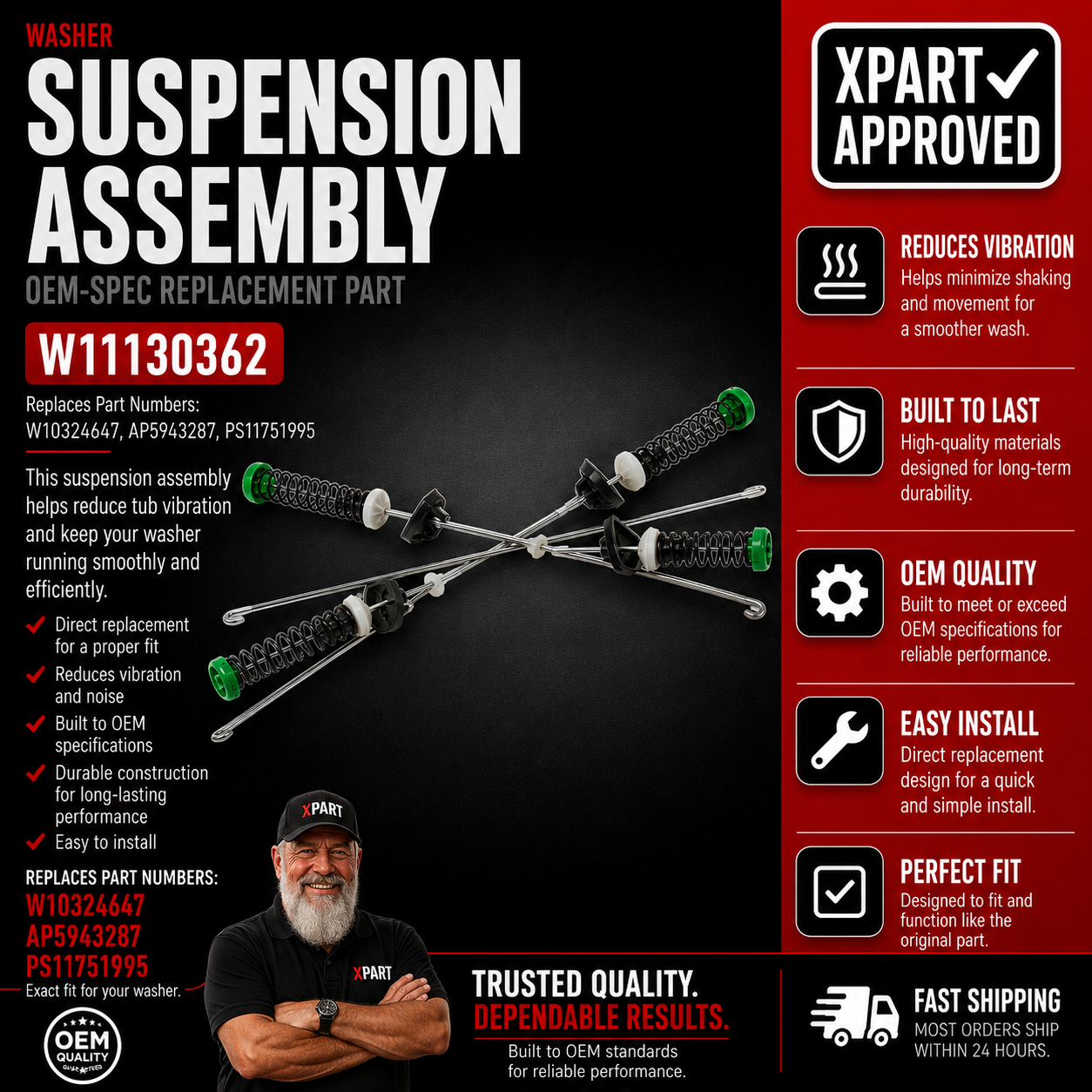 Whirlpool Washer Suspension Rod Kit W11130362 — Fix Loud Banging & Unbalanced Tub