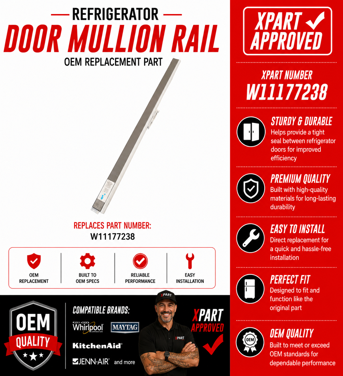W11177238 Refrigerator Door Mullion Rail – Fix Air Leaks & Warm Fridge Fast