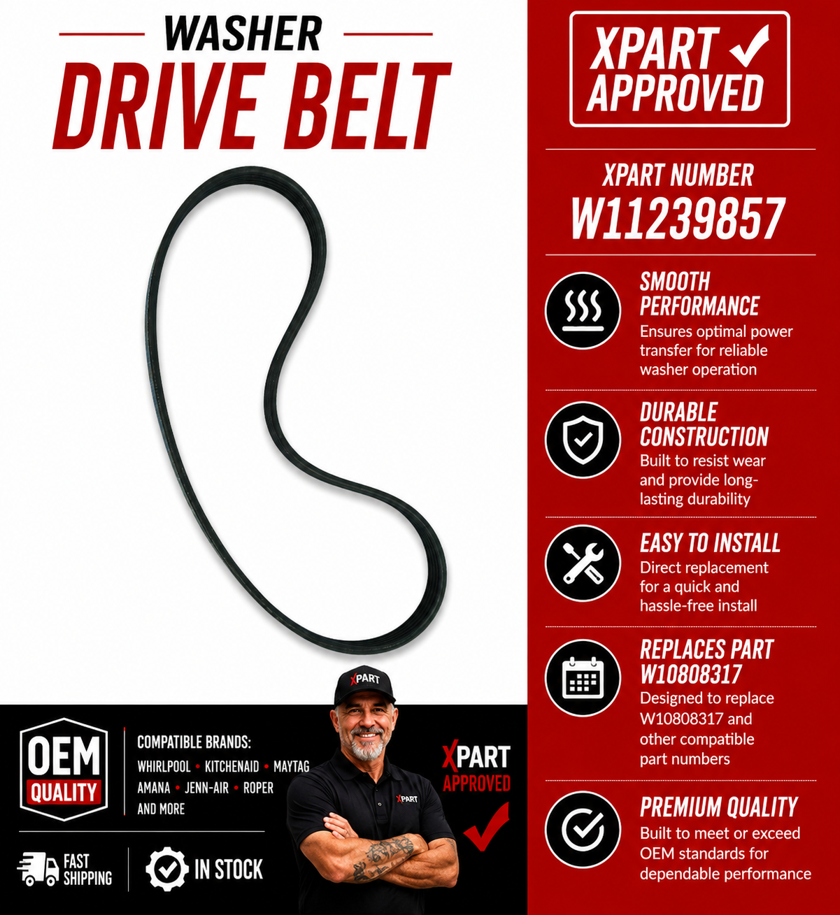 W11239857 Washer Drive Belt – Fix No Agitation or No Spin Fast
