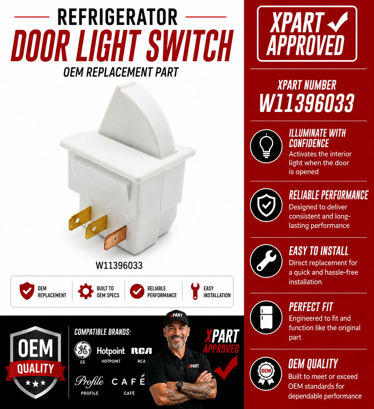 W11396033 Refrigerator Door Light Switch – OEM Replacement (Replaces WPW10656771, W10656771, 12002646)