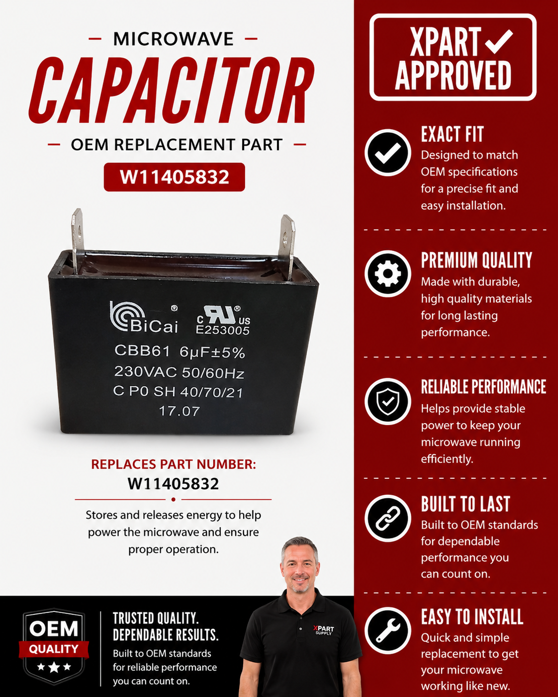 Whirlpool Microwave High-Voltage Capacitor W11405832 — Fix No Heat & Magnetron Failure