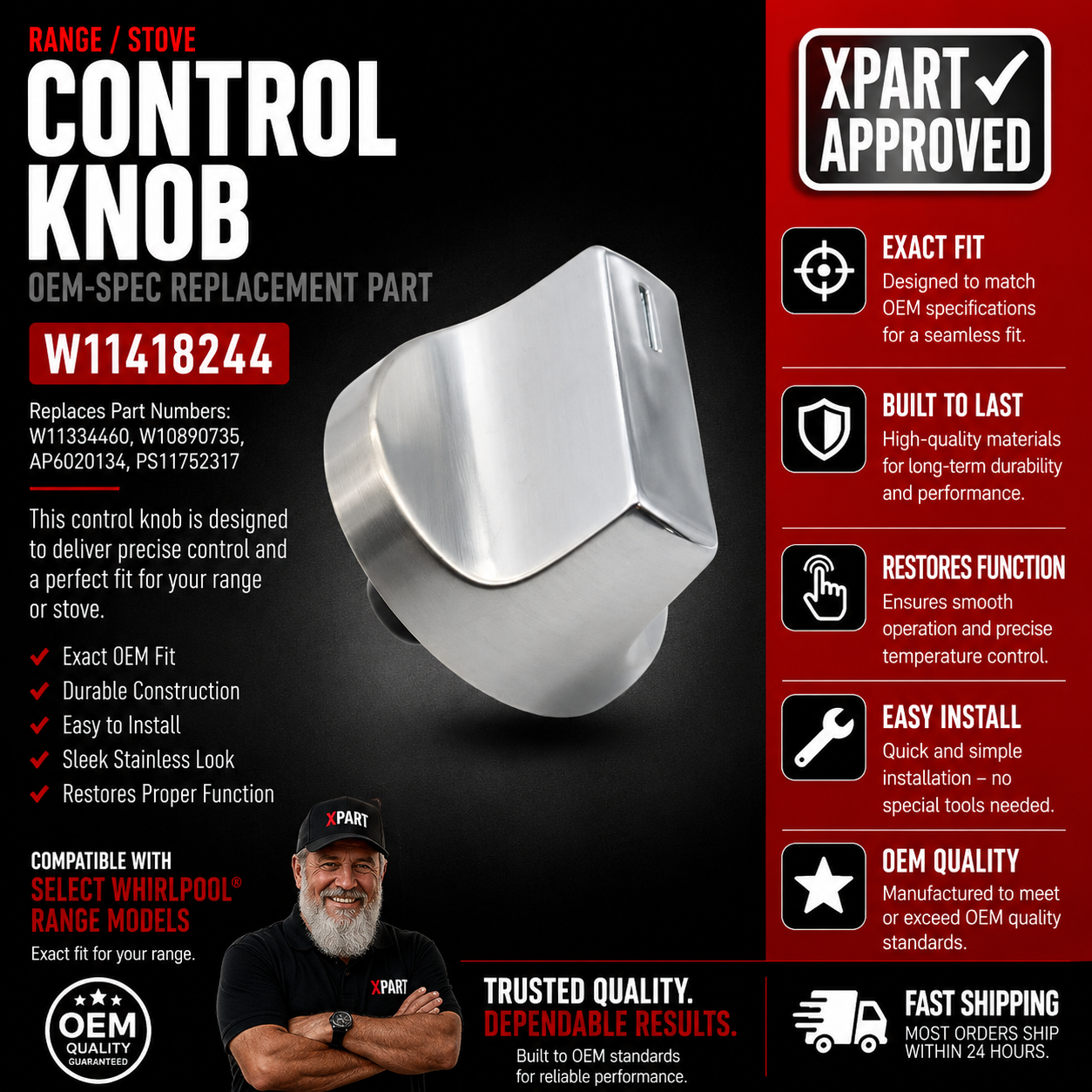 Whirlpool Range Knob W11418244 — Replaces W11130627, W11222054