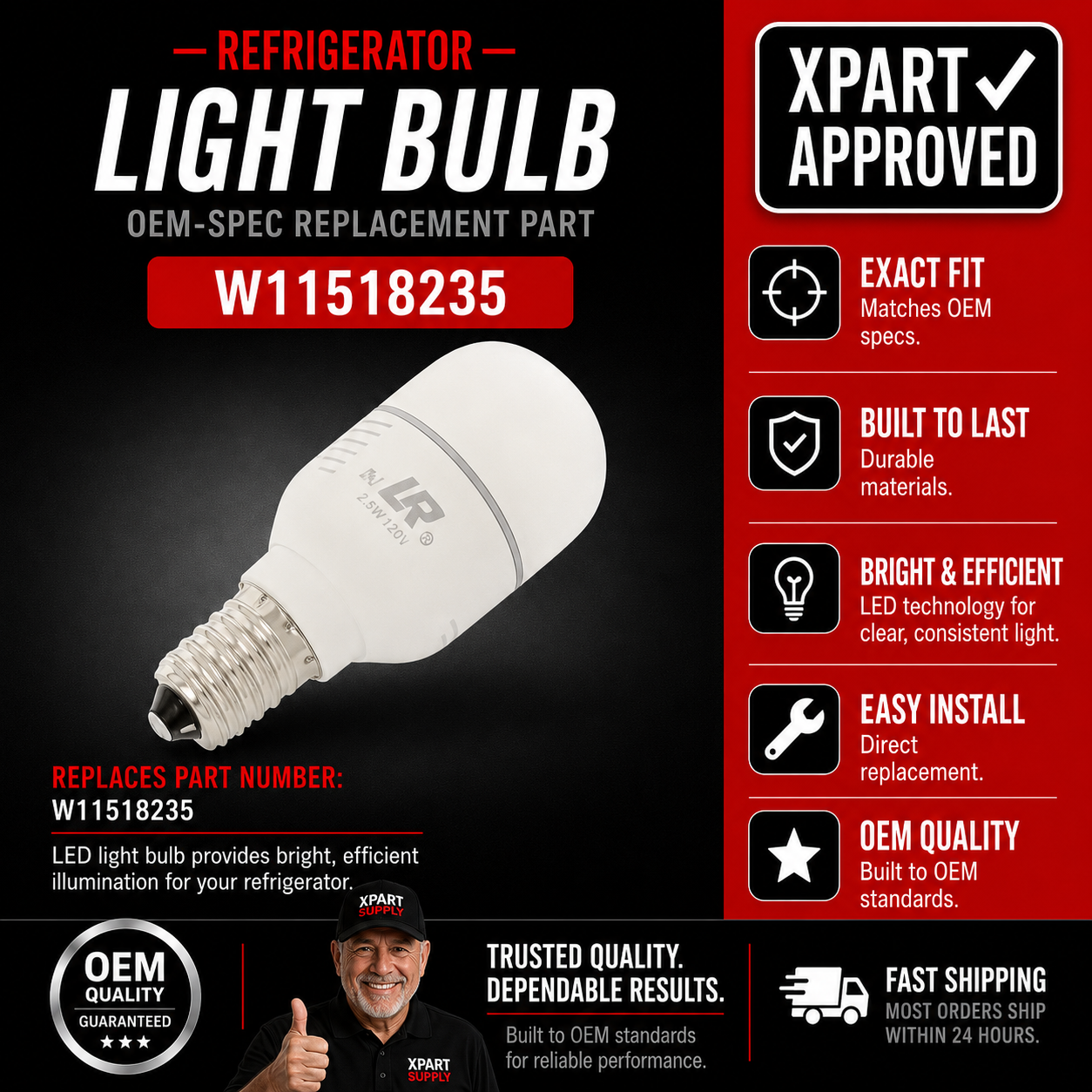 Whirlpool LED Refrigerator Light Bulb W11518235 — Fix Dark or Unlit Refrigerator Interior