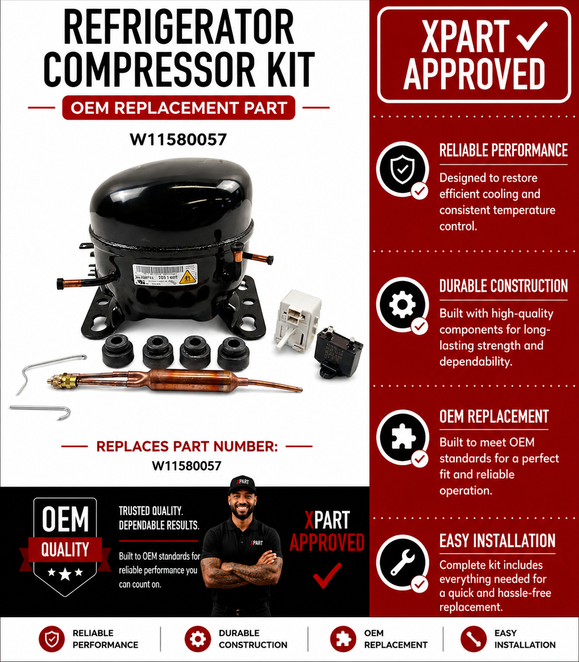 W11580057 Whirlpool Refrigerator Compressor Kit | OEM Replacement (Replaces W11332033, W11369198, W11476127, W11547126)