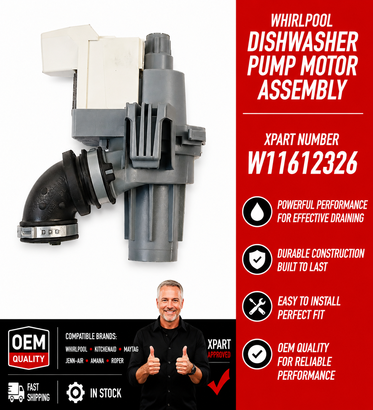 Whirlpool dishwasher pump motor assembly with product details on a white and red background