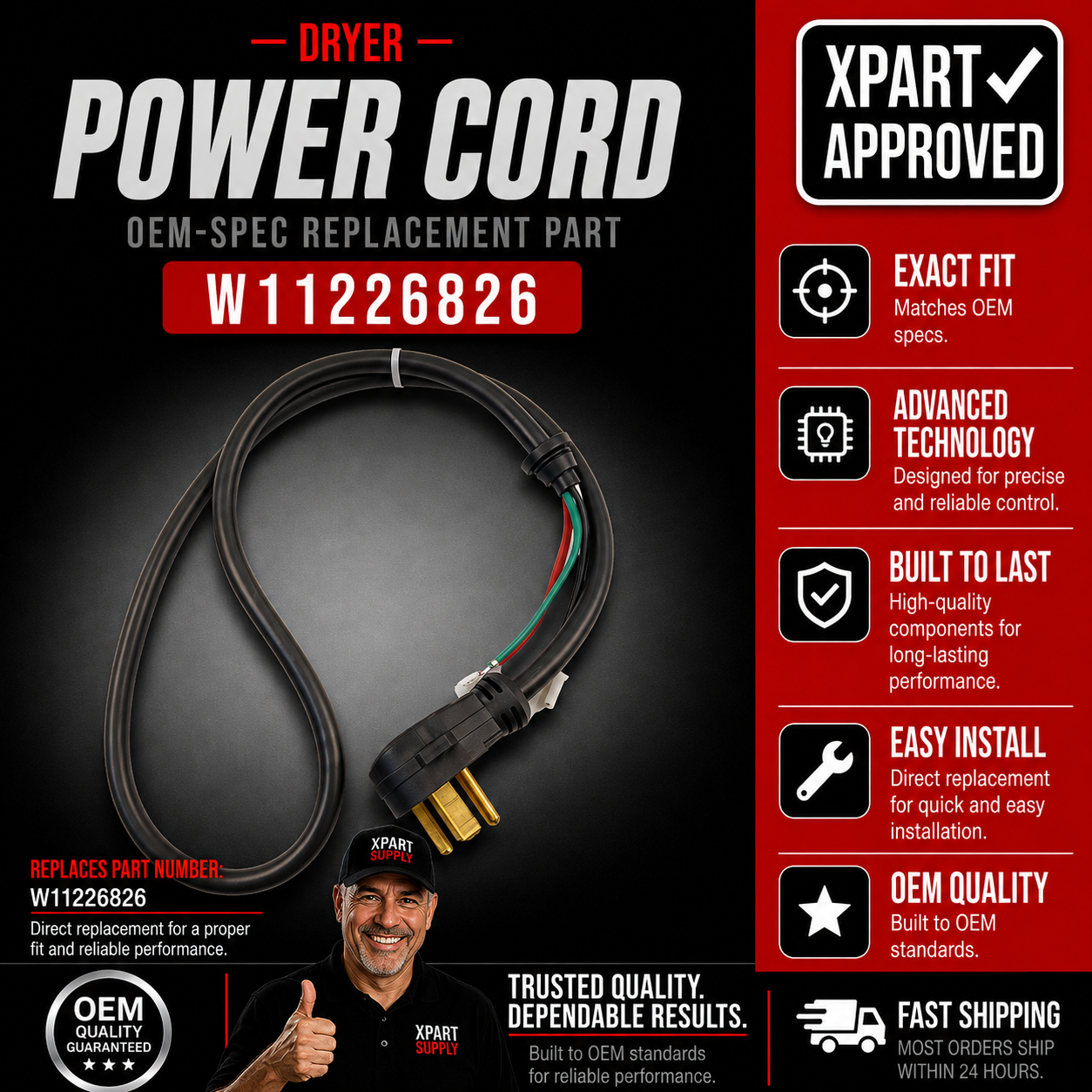 Whirlpool Dryer Power Cord W11710615, Replaces W10712173, W11226826, W11578930
