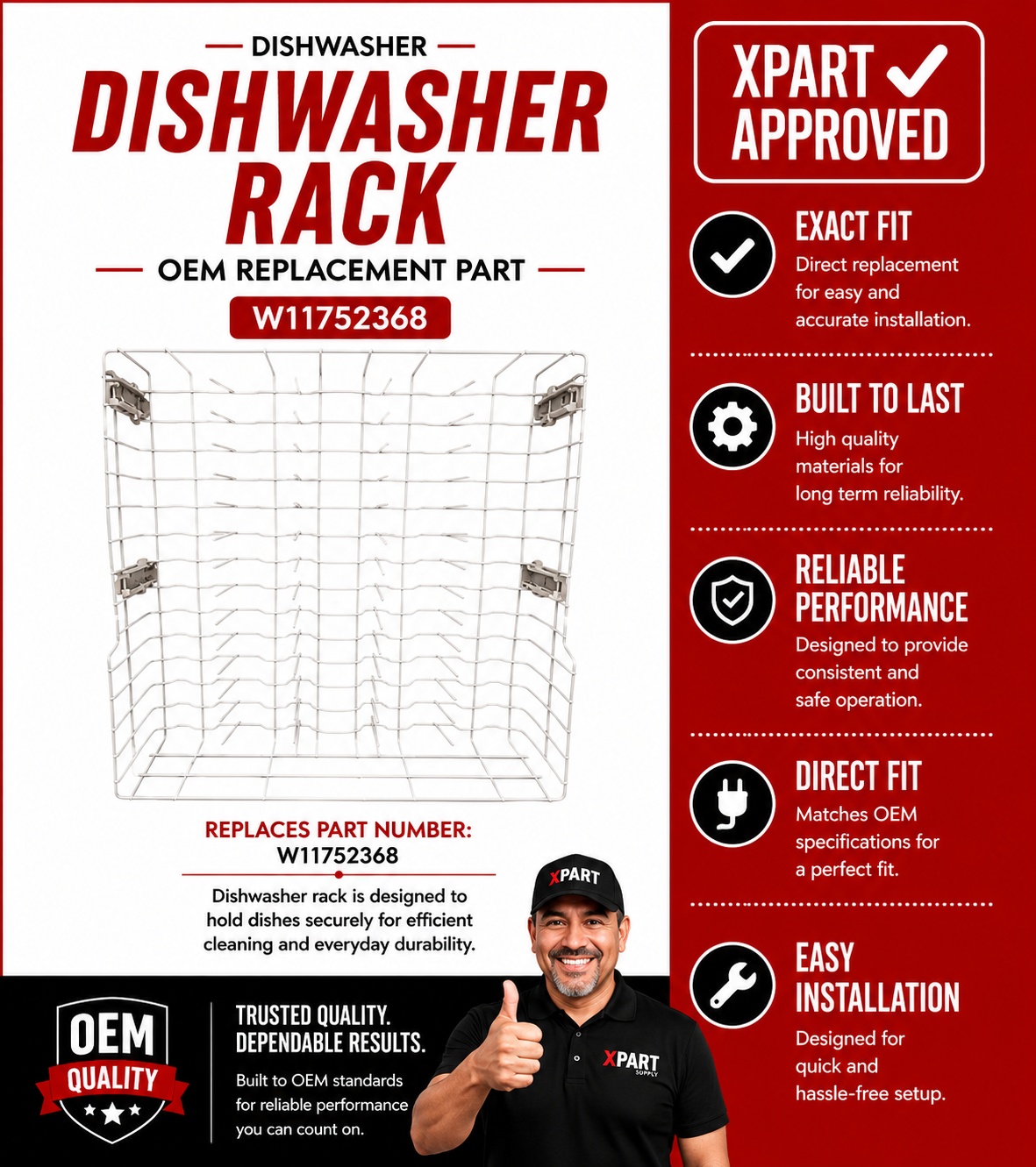 Whirlpool Dishwasher Upper Rack W11752368 — Fix Broken Tines, Rust, or Rack Collapse