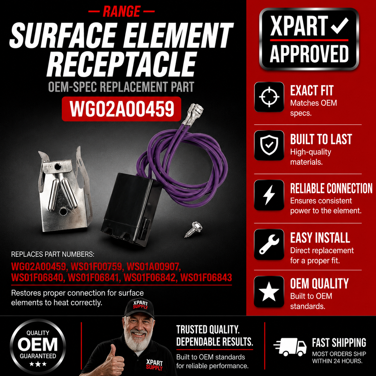 GE Range Surface Element Receptacle WG02A00459 — Fixes Burner Not Heating / Restores Electrical Connection — U.S. Cross-Reference WB2X8228