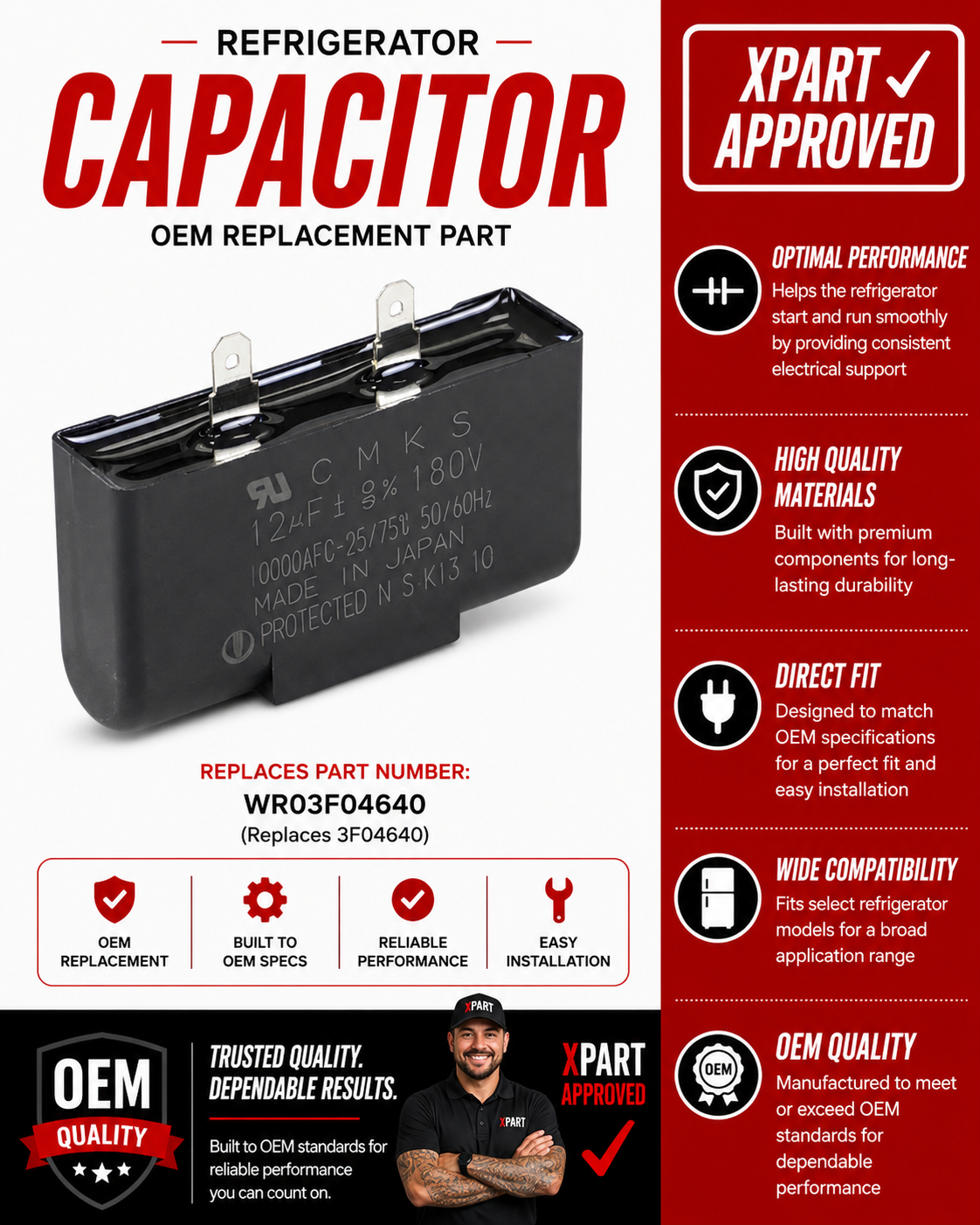 Refrigerator capacitor with Xpart approval and feature highlights on a red and white background