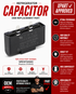 Refrigerator capacitor with Xpart approval and feature highlights on a red and white background