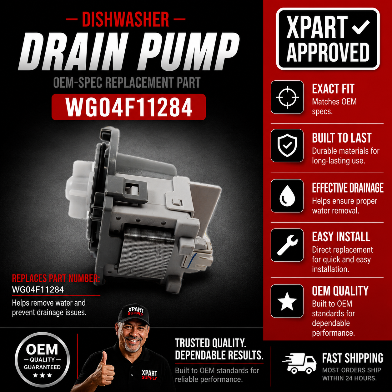 GE Dishwasher Drain Pump WG04F11284, Fixes Standing Water or Failure to Drain