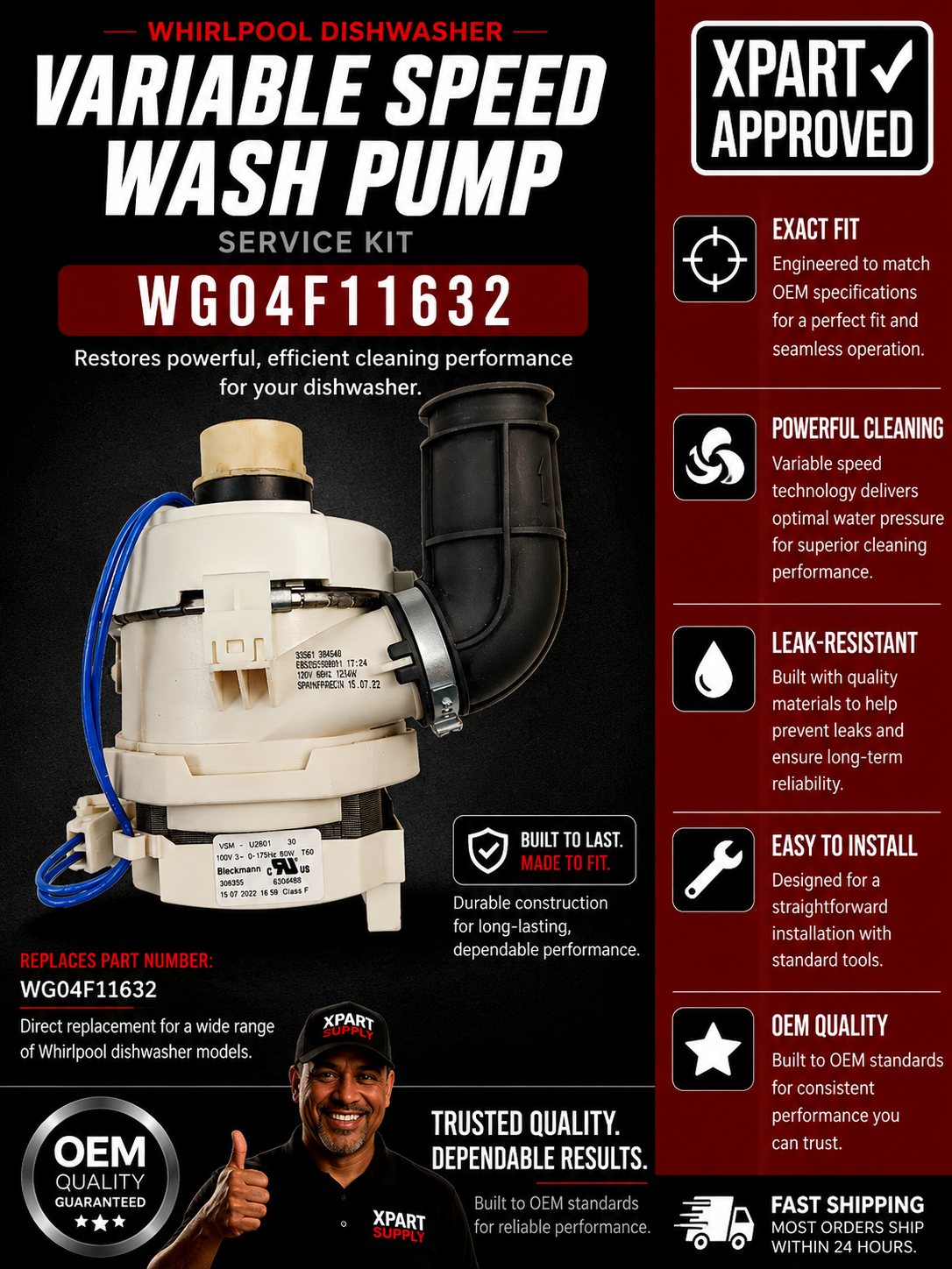 WG04F11632 Dishwasher Variable Speed Wash Pump Service Kit