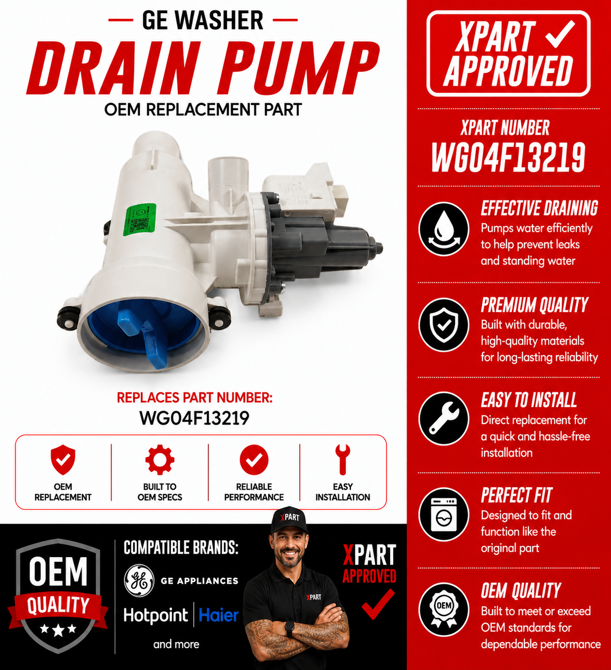 GE washer drain pump with Xpart approval details on a white background