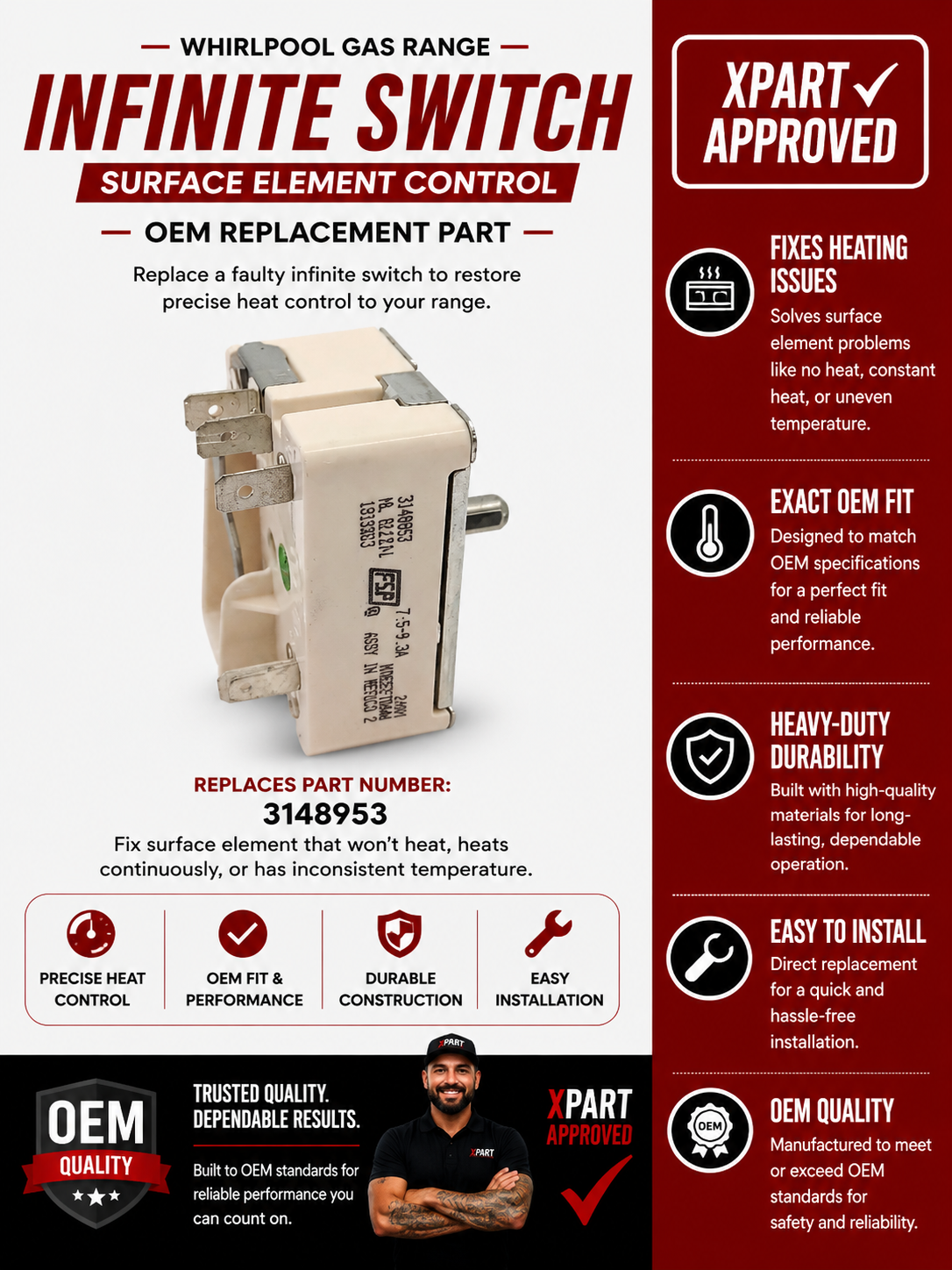 Whirlpool Range Infinite Switch WP3148953 — Fix Burner That Won't Turn Off or Has No Heat Control