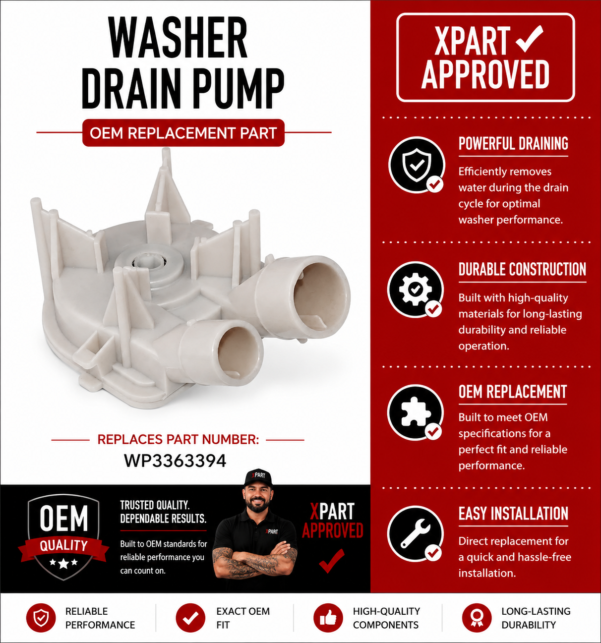 WP3363394 Washer Drain Pump – Replaces 3363394, 3348015, 3352492 | Whirlpool, Kenmore, Maytag