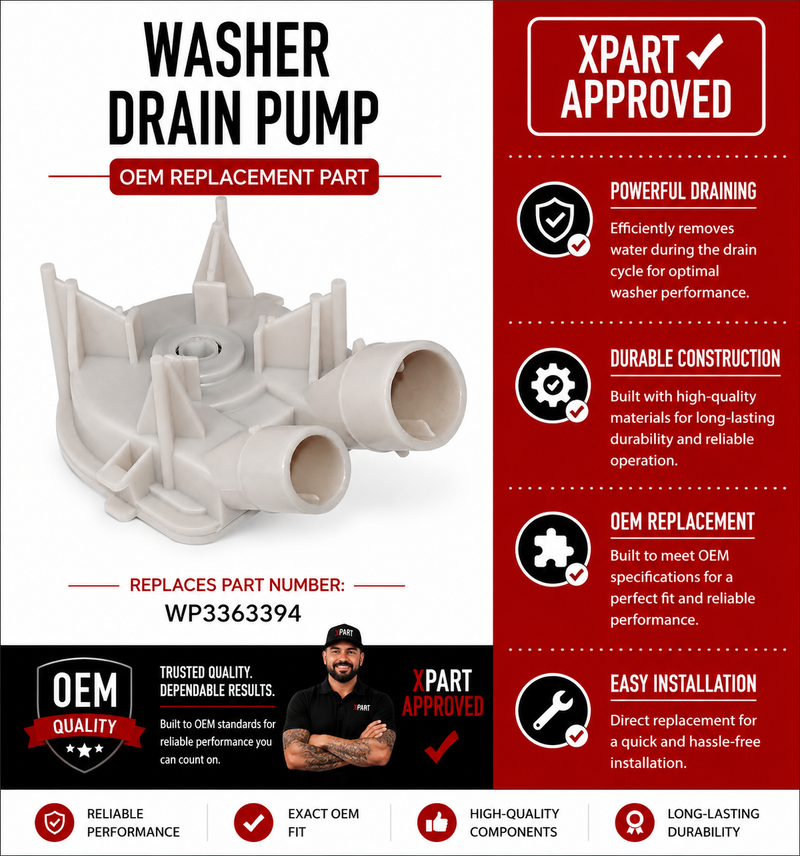 WP3363394 Washer Drain Pump – Replaces 3363394, 3348015, 3352492 | Whirlpool, Kenmore, Maytag